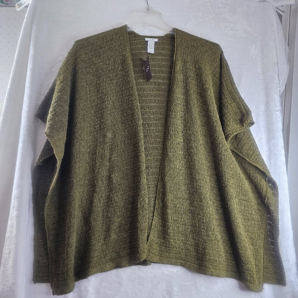 J. Jill Cardigan Shawl Olive Green Open Front One Size Knitted Woman Sweater